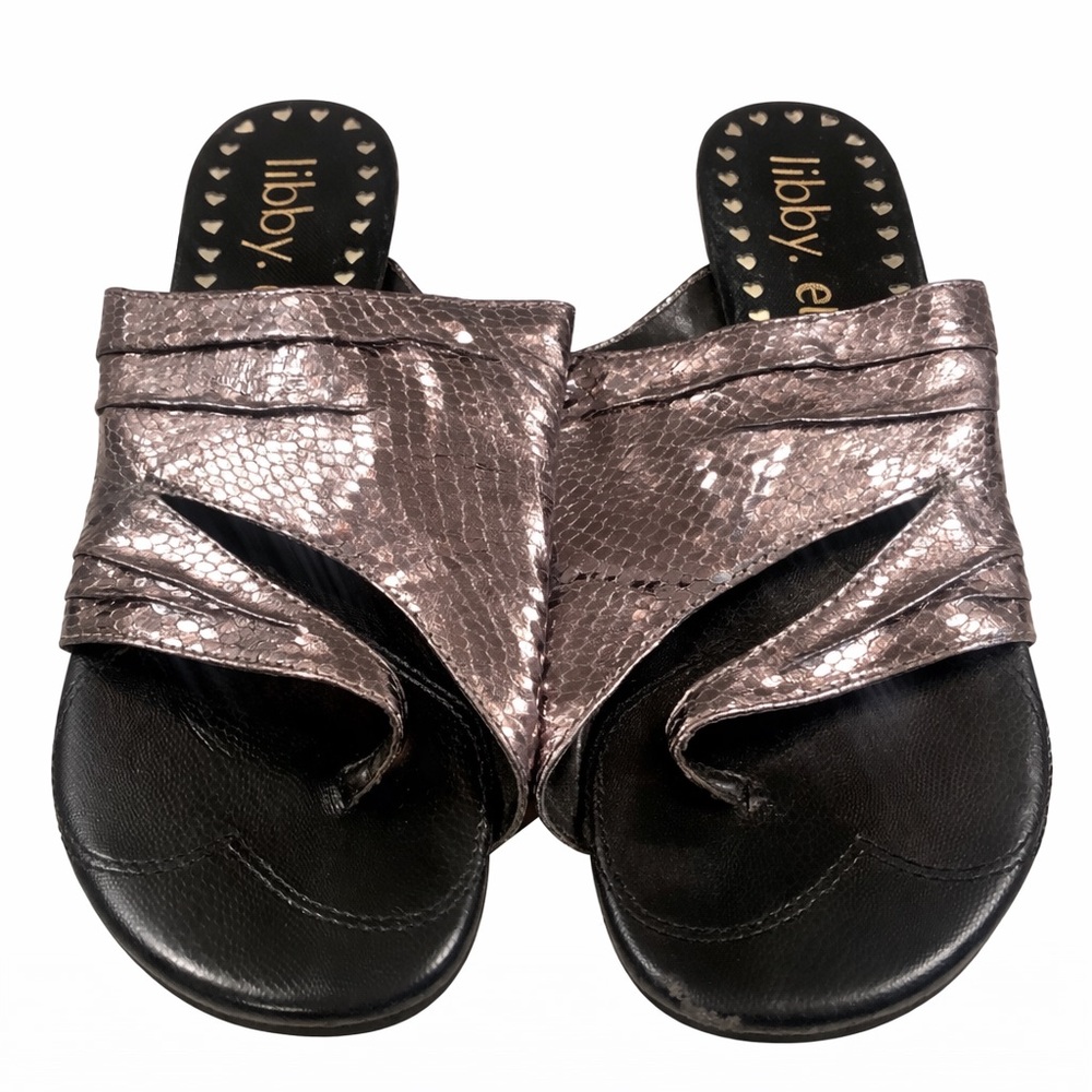 🖤✨ Libby Edelman Metallic Snake Embossed Slide Sandals 6.5 Black Patent Accent